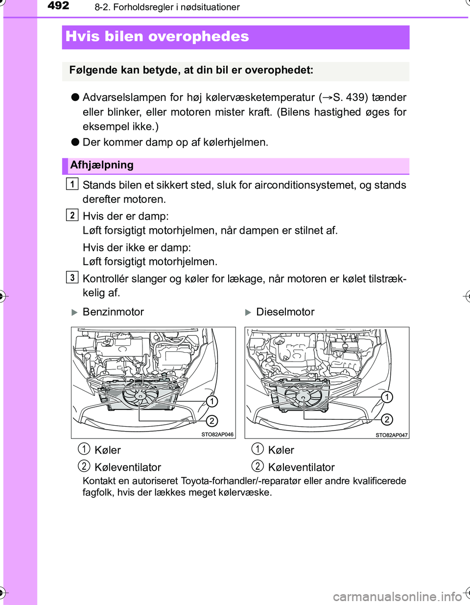 TOYOTA YARIS HATCHBACK 2016  Brugsanvisning (in Danish) 4928-2. Forholdsregler i nødsituationer
OM52G66DK
Hvis bilen overophedes
lAdvarselslampen for høj  kølervæsketemperatur ( S. 439) tænder
eller blinker, eller motoren mister  kraft. (Bilens has