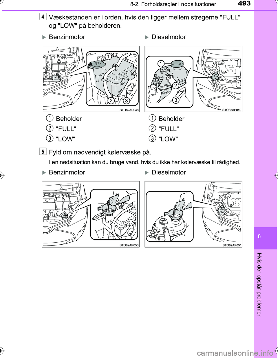TOYOTA YARIS HATCHBACK 2016  Brugsanvisning (in Danish) 4938-2. Forholdsregler i nødsituationer
8
Hvis der opstår problemer
OM52G66DK
Væskestanden er i orden, hvis den ligger mellem stregerne "FULL"
og "LOW" på beholderen.
Fyld om nødvendigt kølervæ
