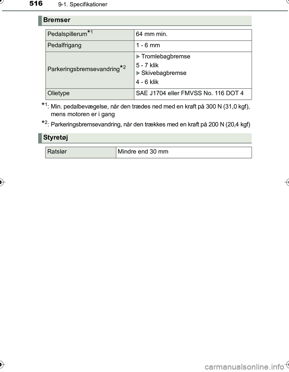 TOYOTA YARIS HATCHBACK 2016 Brugsanvisning (in Danish) 5169-1. Specifikationer
OM52G66DK
*1: Min. pedalbevægelse, når den trædes ned med en kraft på 300 N (31,0 kgf),mens motoren er i gang
*2: Parkeringsbremsevandring, når den trækkes med en kraft p TOYOTA YARIS HATCHBACK 2016 Brugsanvisning (in Danish) 5169-1. Specifikationer
OM52G66DK
*1: Min. pedalbevægelse, når den trædes ned med en kraft på 300 N (31,0 kgf),mens motoren er i gang
*2: Parkeringsbremsevandring, når den trækkes med en kraft p