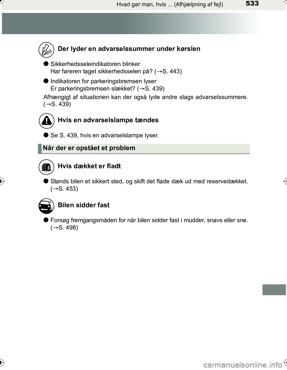 TOYOTA YARIS HATCHBACK 2016  Brugsanvisning (in Danish) 533Hvad gør man, hvis ... (Afhjælpning af fejl)
OM52G66DK
lSikkerhedsseleindikatoren blinker 
Har føreren taget sikkerhedsselen på? (S. 443)
lIndikatoren for parkeringsbremsen lyser 
Er parkeri
