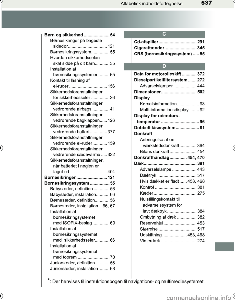 TOYOTA YARIS 2016 Brugsanvisning (in Danish) 537Alfabetisk indholdsfortegnelse
OM52G66DK
Børn og sikkerhed ..................... 54Børnesikringer på bageste sidedør................................ 121
Børnesikringssystem ............... 55
TOYOTA YARIS 2016 Brugsanvisning (in Danish) 537Alfabetisk indholdsfortegnelse
OM52G66DK
Børn og sikkerhed ..................... 54Børnesikringer på bageste sidedør................................ 121
Børnesikringssystem ............... 55
