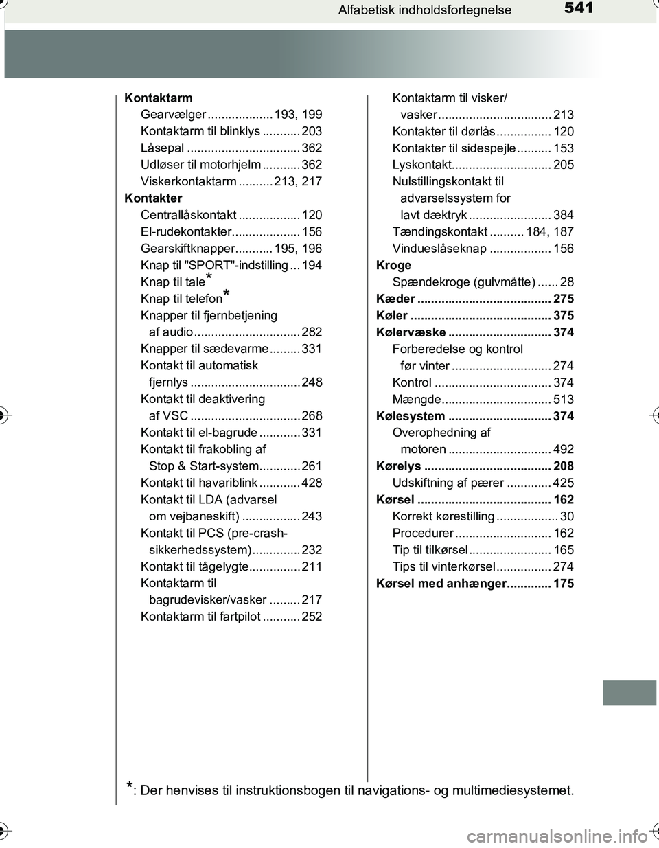 TOYOTA YARIS HATCHBACK 2016  Brugsanvisning (in Danish) 541Alfabetisk indholdsfortegnelse
OM52G66DK
KontaktarmGearvælger ................... 193, 199
Kontaktarm til blinklys ........... 203
Låsepal ................................. 362
Udløser til motor
