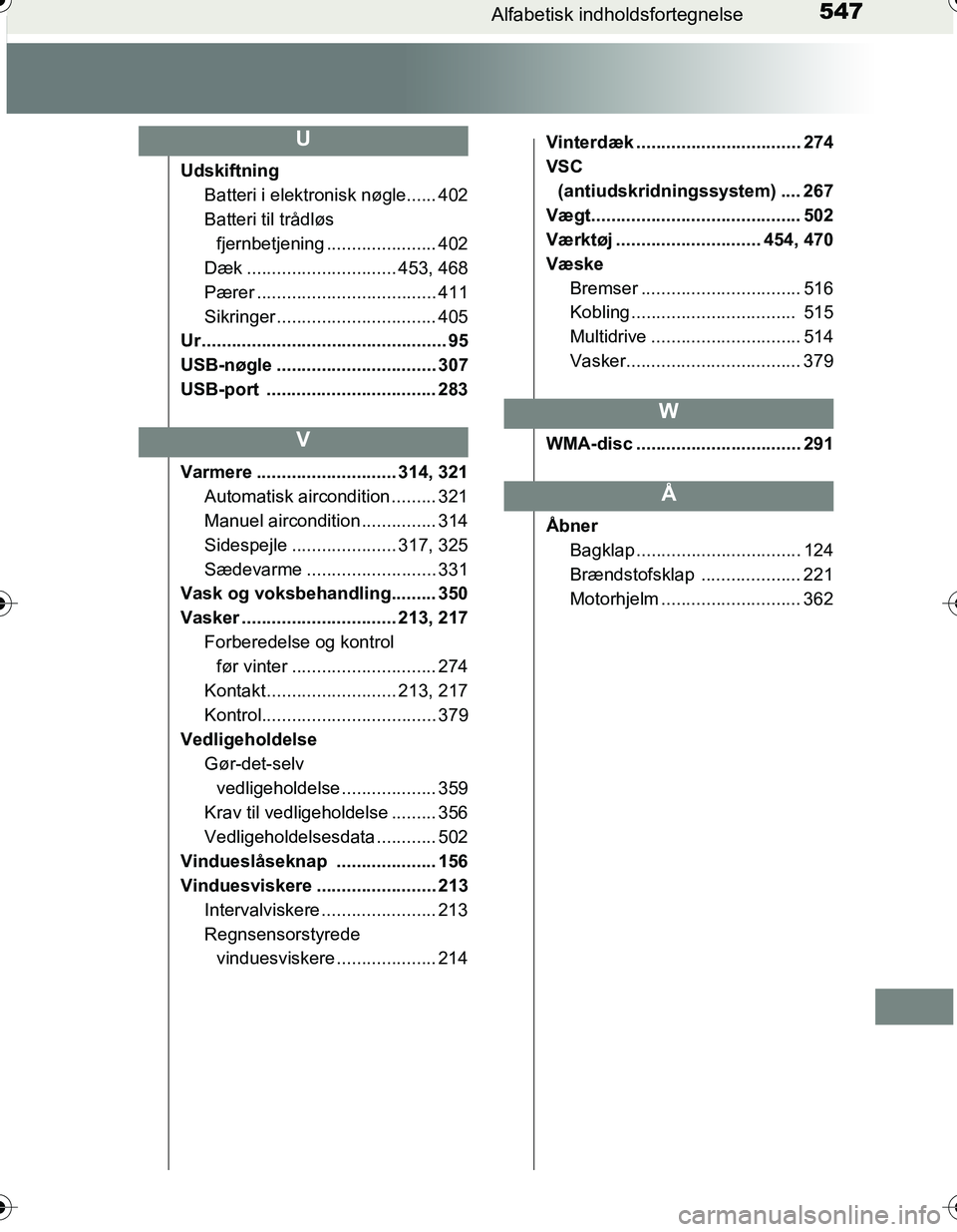 TOYOTA YARIS HATCHBACK 2016 Brugsanvisning (in Danish) 547Alfabetisk indholdsfortegnelse
OM52G66DK
UdskiftningBatteri i elektronisk nøgle...... 402
Batteri til trådløs
fjernbetjening ...................... 402
Dæk .............................. 453, TOYOTA YARIS HATCHBACK 2016 Brugsanvisning (in Danish) 547Alfabetisk indholdsfortegnelse
OM52G66DK
UdskiftningBatteri i elektronisk nøgle...... 402
Batteri til trådløs
fjernbetjening ...................... 402
Dæk .............................. 453,