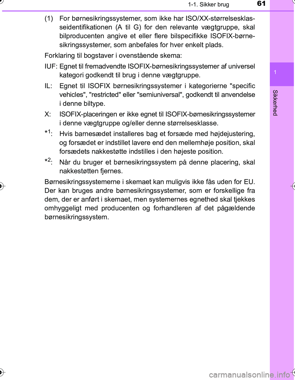TOYOTA YARIS HATCHBACK 2016 Brugsanvisning (in Danish) 611-1. Sikker brug
1
Sikkerhed
OM52G66DK
(1) For børnesikringssystemer, som ikke har ISO/XX-størrelsesklas-
seidentifikationen (A til G) for den relevante vægtgruppe, skal
bilproducenten angive et TOYOTA YARIS HATCHBACK 2016 Brugsanvisning (in Danish) 611-1. Sikker brug
1
Sikkerhed
OM52G66DK
(1) For børnesikringssystemer, som ikke har ISO/XX-størrelsesklas-
seidentifikationen (A til G) for den relevante vægtgruppe, skal
bilproducenten angive et