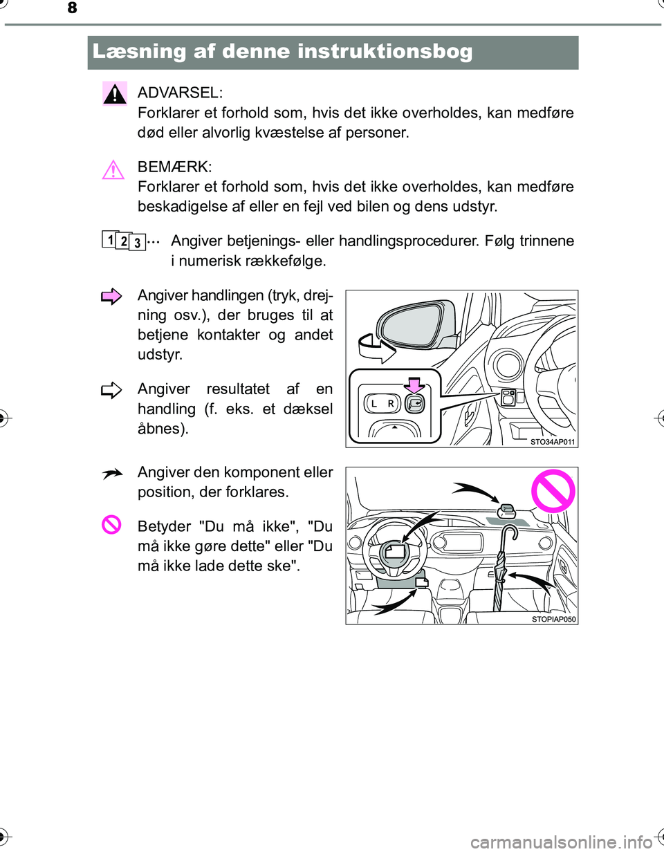 TOYOTA YARIS HATCHBACK 2016 Brugsanvisning (in Danish) 8
OM52G66DK
Læsning af denne instruktionsbog
ADVARSEL:
Forklarer et forhold som, hvis det ikke overholdes, kan medføre
død eller alvorlig kvæstelse af personer.
BEMÆRK:
Forklarer et forhold som TOYOTA YARIS HATCHBACK 2016 Brugsanvisning (in Danish) 8
OM52G66DK
Læsning af denne instruktionsbog
ADVARSEL:
Forklarer et forhold som, hvis det ikke overholdes, kan medføre
død eller alvorlig kvæstelse af personer.
BEMÆRK:
Forklarer et forhold som