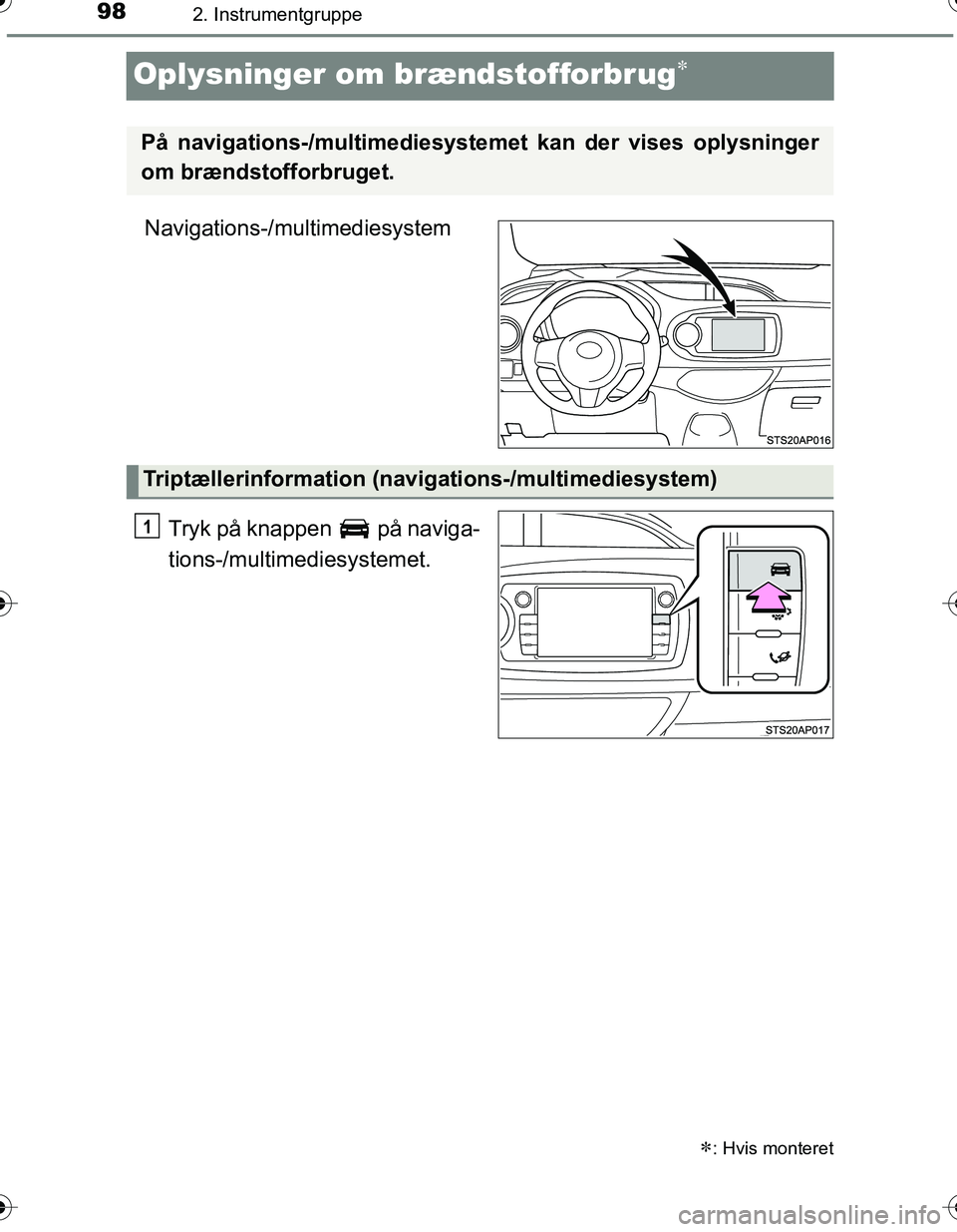 TOYOTA YARIS HATCHBACK 2016 Brugsanvisning (in Danish) 982. Instrumentgruppe
OM52G66DK
Oplysninger om brændstofforbrug
Navigations-/multimediesystemTryk på knappen på naviga-
tions-/multimediesystemet.
: Hvis monteret
På navigations-/multimedi TOYOTA YARIS HATCHBACK 2016 Brugsanvisning (in Danish) 982. Instrumentgruppe
OM52G66DK
Oplysninger om brændstofforbrug
Navigations-/multimediesystemTryk på knappen på naviga-
tions-/multimediesystemet.
: Hvis monteret
På navigations-/multimedi