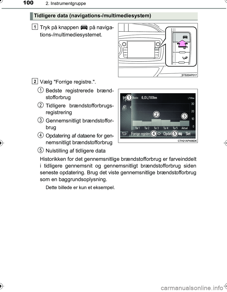TOYOTA YARIS HATCHBACK 2016 Brugsanvisning (in Danish) 1002. Instrumentgruppe
OM52G66DK
Tryk på knappen på naviga-
tions-/multimediesystemet.
Vælg "Forrige registre.".Bedste registrerede brænd-
stofforbrug
Tidligere brændstofforbrugs-
registrering
TOYOTA YARIS HATCHBACK 2016 Brugsanvisning (in Danish) 1002. Instrumentgruppe
OM52G66DK
Tryk på knappen på naviga-
tions-/multimediesystemet.
Vælg "Forrige registre.".Bedste registrerede brænd-
stofforbrug
Tidligere brændstofforbrugs-
registrering