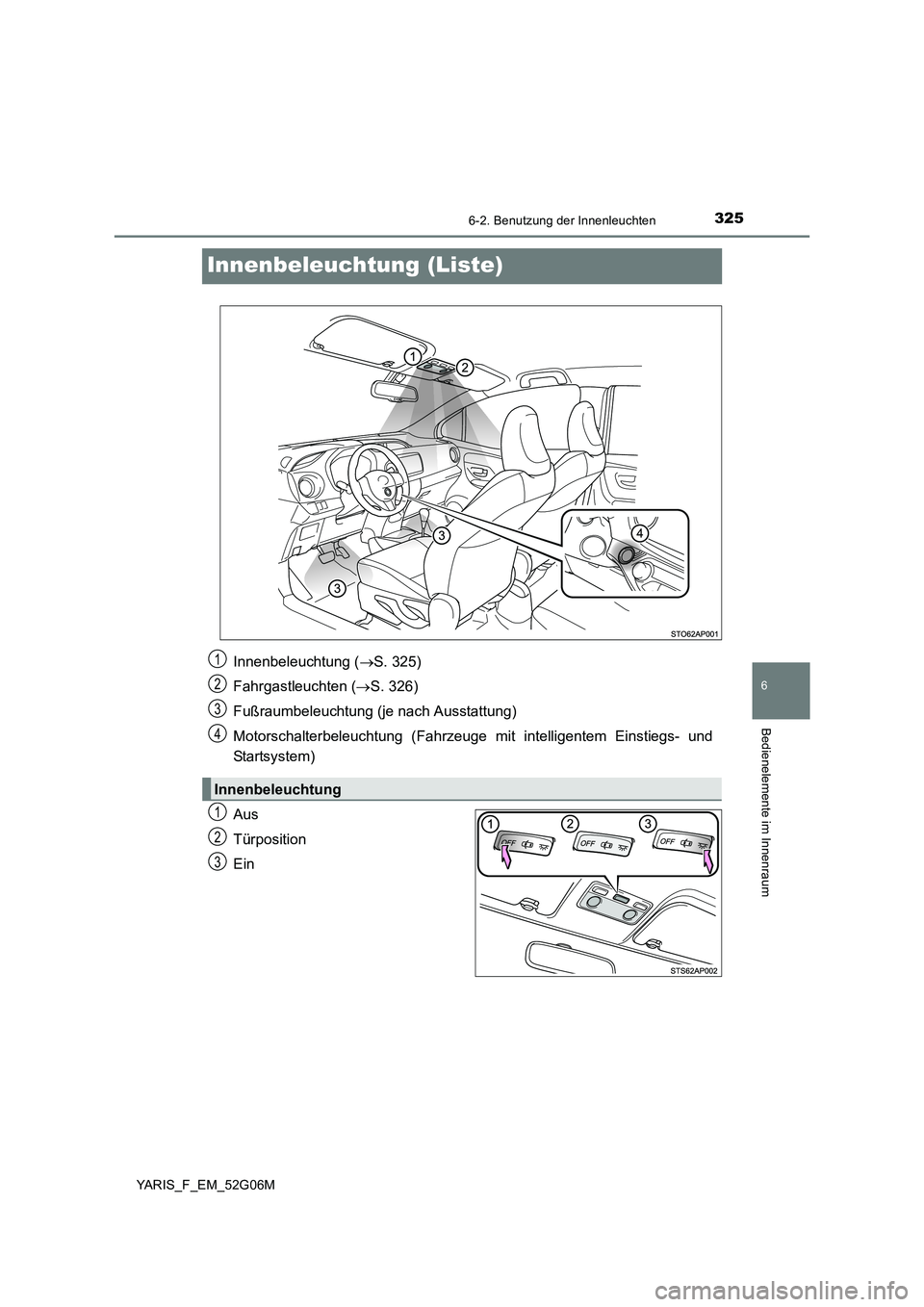 TOYOTA YARIS 2016  Betriebsanleitungen (in German) 3256-2. Benutzung der Innenleuchten
6
Bedienelemente im Innenraum
YARIS_F_EM_52G06M
Innenbeleuchtung (Liste)
Aus 
Türposition
Ein 
Innenbeleuchtung ( S. 325) 
Fahrgastleuchten ( S. 326) 
Fußra