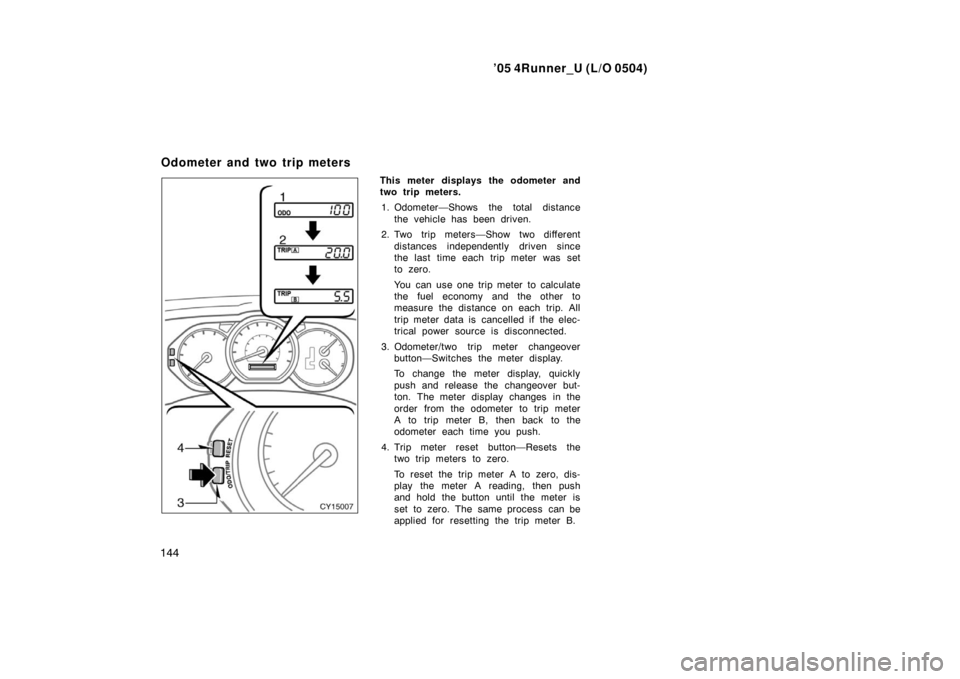 TOYOTA 4RUNNER 2005 N210 / 4.G Owners Manual ’05 4Runner_U (L/O 0504)
144
This meter displays the odometer and
two trip meters.
1. Odometer—Shows the total distance the vehicle has been driven.
2. Two trip meters—Show two different distanc TOYOTA 4RUNNER 2005 N210 / 4.G Owners Manual ’05 4Runner_U (L/O 0504)
144
This meter displays the odometer and
two trip meters.
1. Odometer—Shows the total distance the vehicle has been driven.
2. Two trip meters—Show two different distanc