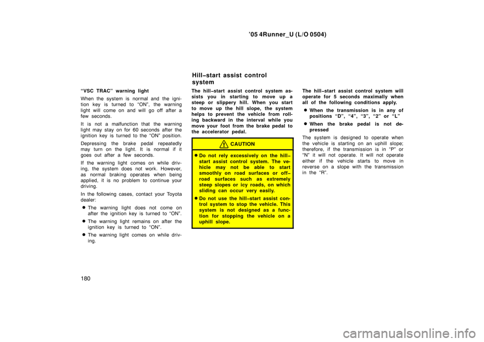 TOYOTA 4RUNNER 2005 N210 / 4.G User Guide ’05 4Runner_U (L/O 0504)
180
“VSC TRAC” warning light
When the system is normal and the igni-
tion key is turned to “ON”, the warning
light will come on and will go off after a
few second TOYOTA 4RUNNER 2005 N210 / 4.G User Guide ’05 4Runner_U (L/O 0504)
180
“VSC TRAC” warning light
When the system is normal and the igni-
tion key is turned to “ON”, the warning
light will come on and will go off after a
few second