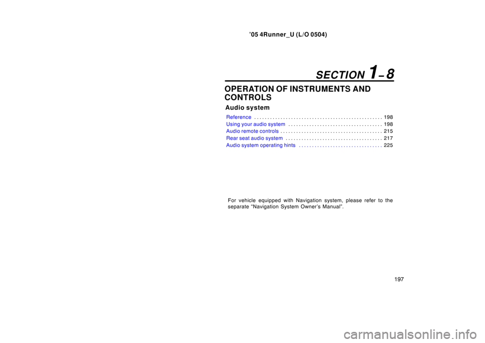 TOYOTA 4RUNNER 2005 N210 / 4.G Owners Manual ’05 4Runner_U (L/O 0504)
197
OPERATION OF INSTRUMENTS AND
CONTROLS
Audio system
Reference 198
. . . . . . . . . . . . . . . . . . . . . . . . . . . . . . . . . . . . .\
 . . . . . . . . . . . . 
Usi