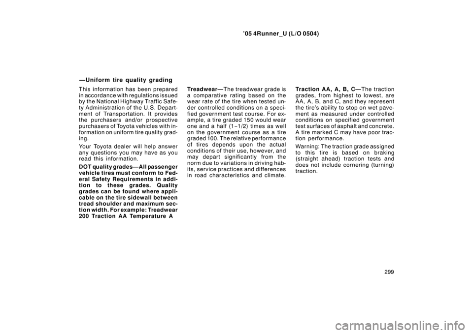 TOYOTA 4RUNNER 2005 N210 / 4.G Service Manual ’05 4Runner_U (L/O 0504)
299
This information has been prepared
in accordance with regulations issued
by the National Highway Traffic Safe-
ty Administration of the U.S. Depart-
ment of Transportati