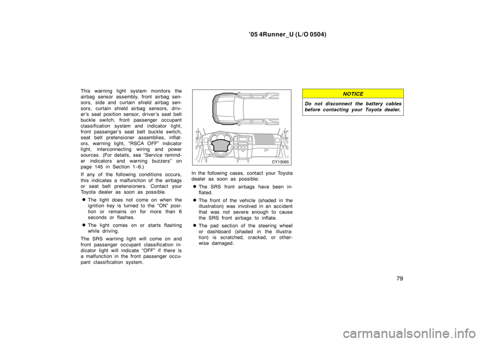 TOYOTA 4RUNNER 2005 N210 / 4.G Manual Online ’05 4Runner_U (L/O 0504)
79
This warning light system monitors the
airbag sensor assembly, front airbag sen-
sors, side and curtain shield airbag sen-
sors, curtain shield airbag sensors, driv-
er �