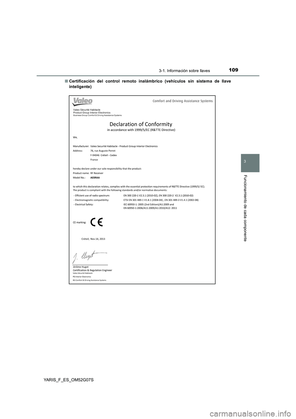 TOYOTA YARIS 2016  Manual del propietario (in Spanish) 1093-1. Información sobre llaves
3
Funcionamiento de cada componente
YARIS_F_ES_OM52G07S 
■ Certificación del control remoto inalámbrico (vehículos sin sistema de llave 
inteligente) 