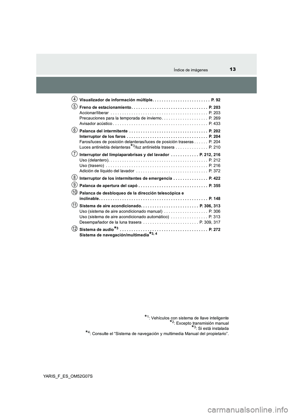 TOYOTA YARIS 2016  Manual del propietario (in Spanish) 13Índice de imágenes
YARIS_F_ES_OM52G07S 
Visualizador de información múltiple. . . . . . . . . . . . . . . . . . . . . . . . .  P. 92 
Freno de estacionamiento . . . . . . . . . . . . . . . . . .