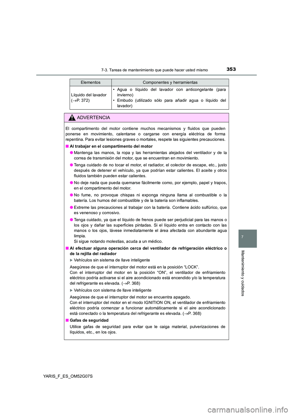 TOYOTA YARIS 2016  Manual del propietario (in Spanish) 3537-3. Tareas de mantenimiento que puede hacer usted mismo
7
Mantenimiento y cuidados
YARIS_F_ES_OM52G07S
Líquido del lavador  
( P. 372)
• Agua o líquido del lavador con anticongelante (para 