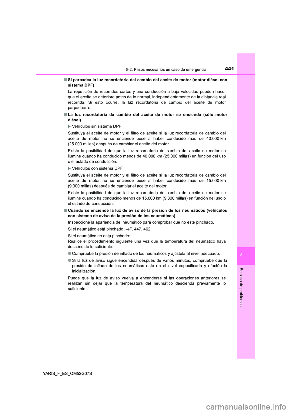 TOYOTA YARIS 2016  Manual del propietario (in Spanish) 4418-2. Pasos necesarios en caso de emergencia
8
En caso de problemas
YARIS_F_ES_OM52G07S 
■ Si parpadea la luz recordatoria del cambio del aceite de motor (motor diésel con 
sistema DPF) 
La repet