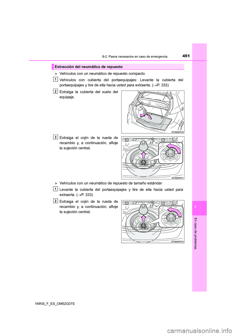 TOYOTA YARIS 2016 Manual del propietario (in Spanish) 4518-2. Pasos necesarios en caso de emergencia
8
En caso de problemas
YARIS_F_ES_OM52G07S
Vehículos con un neumático de repuesto compacto
Vehículos con cubierta del portaequipajes: Levante la c TOYOTA YARIS 2016 Manual del propietario (in Spanish) 4518-2. Pasos necesarios en caso de emergencia
8
En caso de problemas
YARIS_F_ES_OM52G07S
Vehículos con un neumático de repuesto compacto
Vehículos con cubierta del portaequipajes: Levante la c