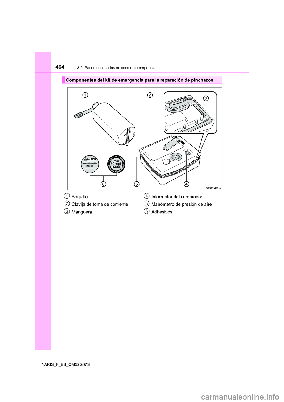 TOYOTA YARIS 2016  Manual del propietario (in Spanish) 4648-2. Pasos necesarios en caso de emergencia
YARIS_F_ES_OM52G07S
Componentes del kit de emergencia para la reparación de pinchazos
Boquilla 
Clavija de toma de corriente
Manguera 
Interruptor del c