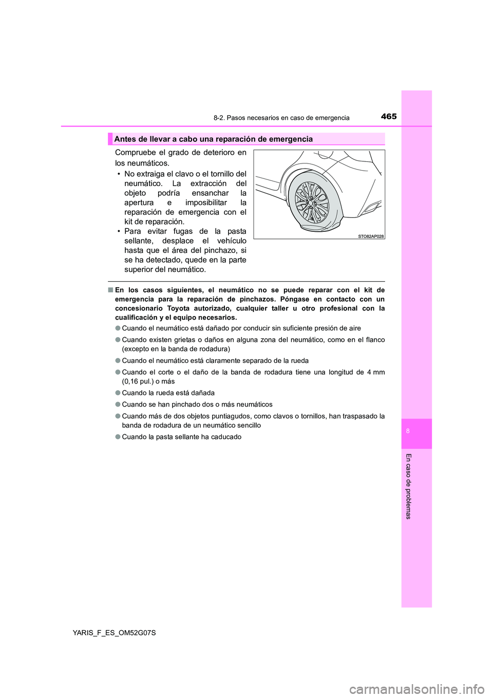 TOYOTA YARIS 2016  Manual del propietario (in Spanish) 4658-2. Pasos necesarios en caso de emergencia
8
En caso de problemas
YARIS_F_ES_OM52G07S
Compruebe el grado de deterioro en 
los neumáticos.
• No extraiga el clavo o el tornillo del 
neumático. L