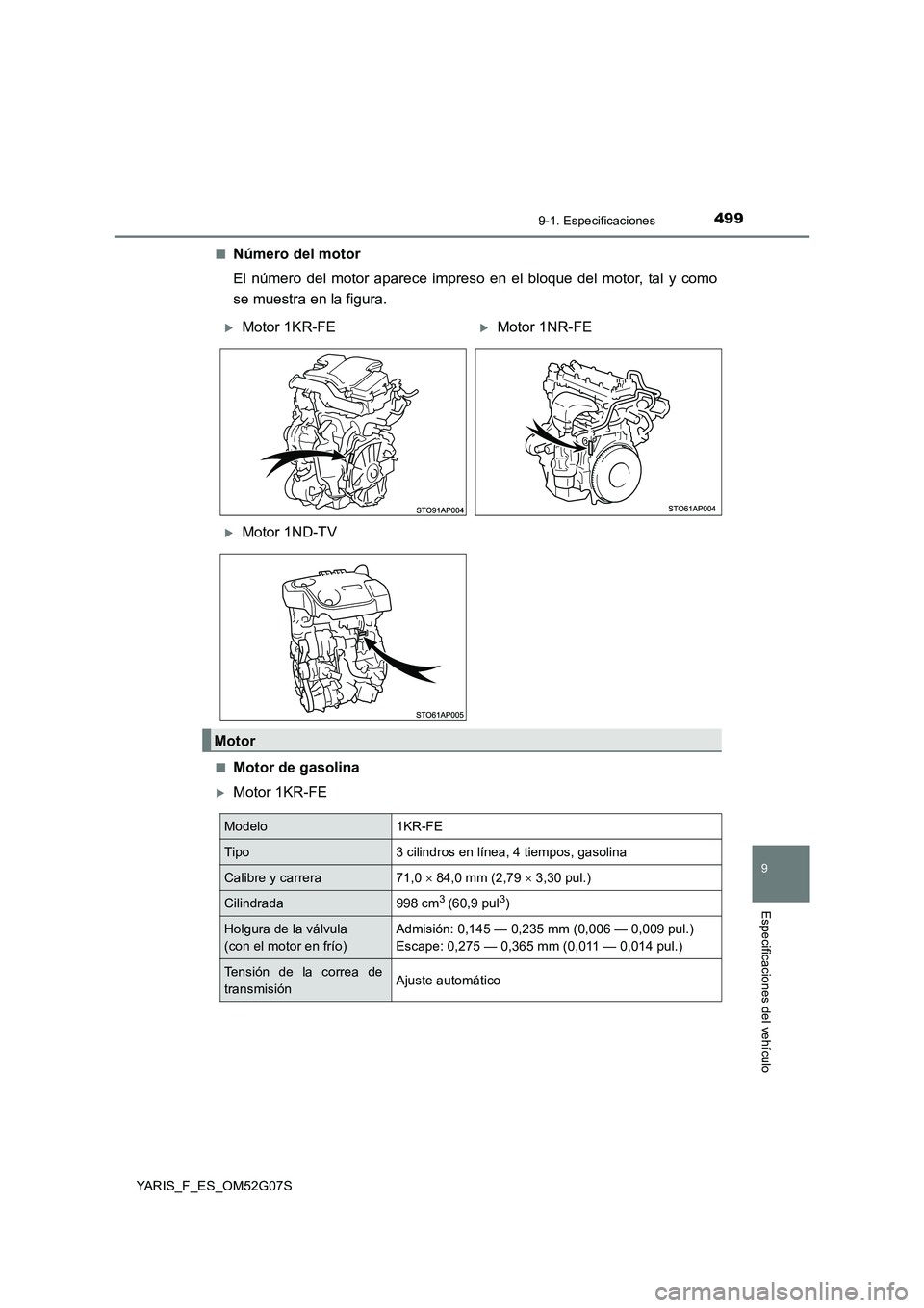 TOYOTA YARIS 2016  Manual del propietario (in Spanish) 4999-1. Especificaciones
9
Especificaciones del vehículo
YARIS_F_ES_OM52G07S 
■Número del motor 
El número del motor aparece impreso en el bloque del motor, tal y como 
se muestra en la figura.
