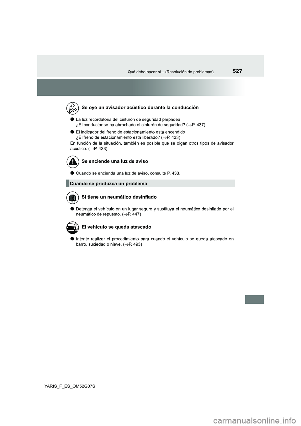 TOYOTA YARIS 2016  Manual del propietario (in Spanish) 527Qué debo hacer si... (Resolución de problemas)
YARIS_F_ES_OM52G07S
●La luz recordatoria del cinturón de seguridad parpadea  
¿El conductor se ha abrochado el cinturón de seguridad? ( P. 4