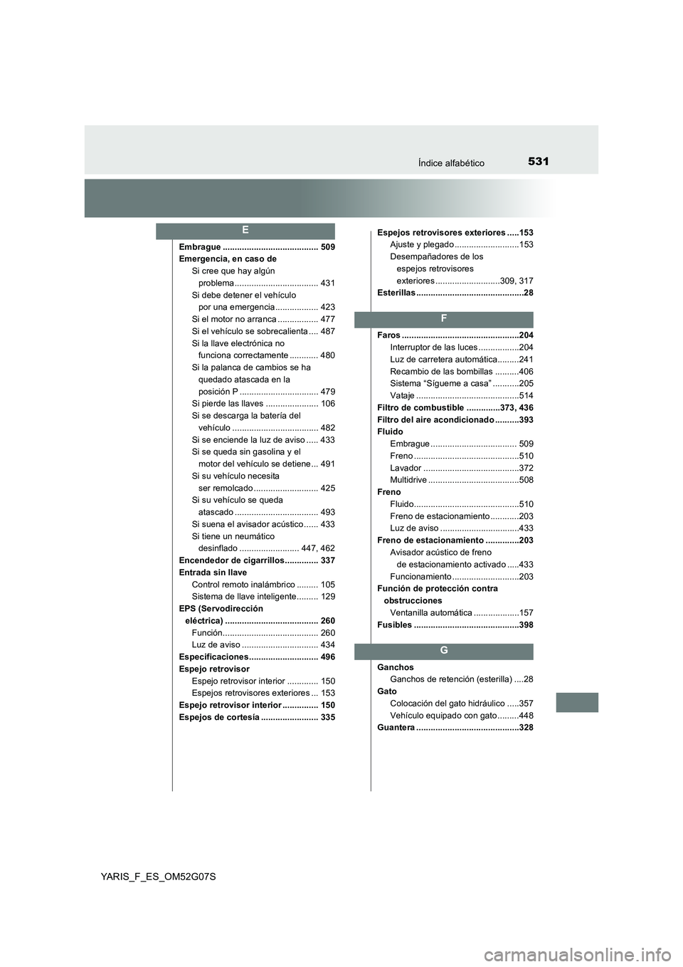 TOYOTA YARIS 2016 Manual del propietario (in Spanish) 531Índice alfabético
YARIS_F_ES_OM52G07S
Embrague ........................................ 509
Emergencia, en caso de
Si cree que hay algún
problema................................... 431
Si d TOYOTA YARIS 2016 Manual del propietario (in Spanish) 531Índice alfabético
YARIS_F_ES_OM52G07S
Embrague ........................................ 509
Emergencia, en caso de
Si cree que hay algún
problema................................... 431
Si d