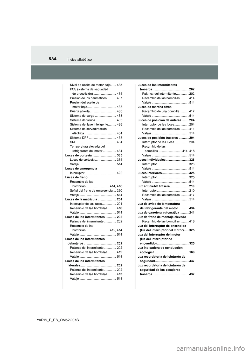 TOYOTA YARIS 2016 Manual del propietario (in Spanish) 534Índice alfabético
YARIS_F_ES_OM52G07S
Nivel de aceite de motor bajo ...... 438
PCS (sistema de seguridad
de precolisión) .......................... 435
Presión de los neumáticos .......... TOYOTA YARIS 2016 Manual del propietario (in Spanish) 534Índice alfabético
YARIS_F_ES_OM52G07S
Nivel de aceite de motor bajo ...... 438
PCS (sistema de seguridad
de precolisión) .......................... 435
Presión de los neumáticos ..........