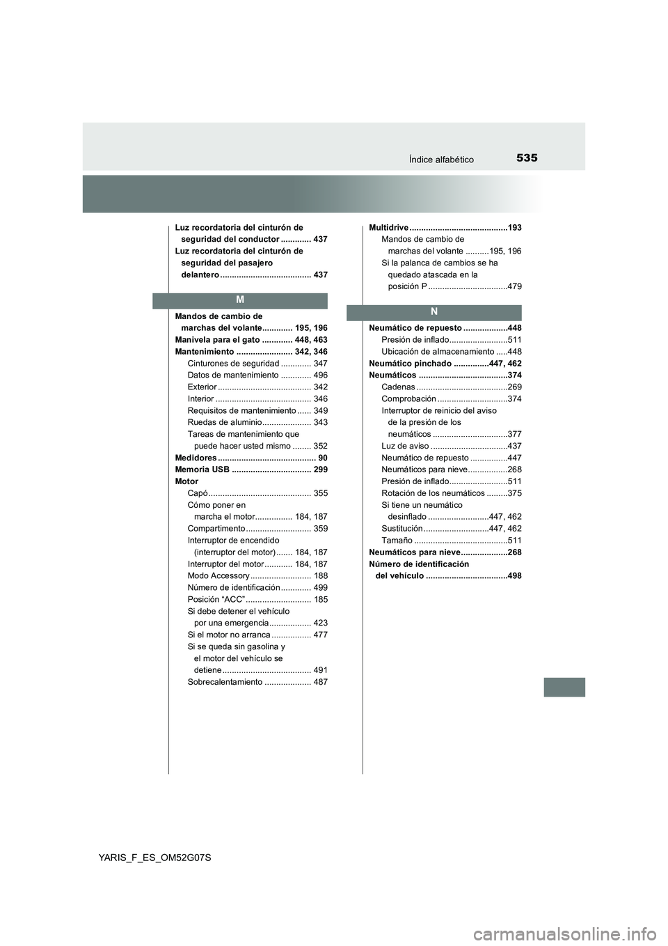 TOYOTA YARIS 2016 Manual del propietario (in Spanish) 535Índice alfabético
YARIS_F_ES_OM52G07S
Luz recordatoria del cinturón de
seguridad del conductor ............. 437
Luz recordatoria del cinturón de
seguridad del pasajero
delantero ....... TOYOTA YARIS 2016 Manual del propietario (in Spanish) 535Índice alfabético
YARIS_F_ES_OM52G07S
Luz recordatoria del cinturón de
seguridad del conductor ............. 437
Luz recordatoria del cinturón de
seguridad del pasajero
delantero .......
