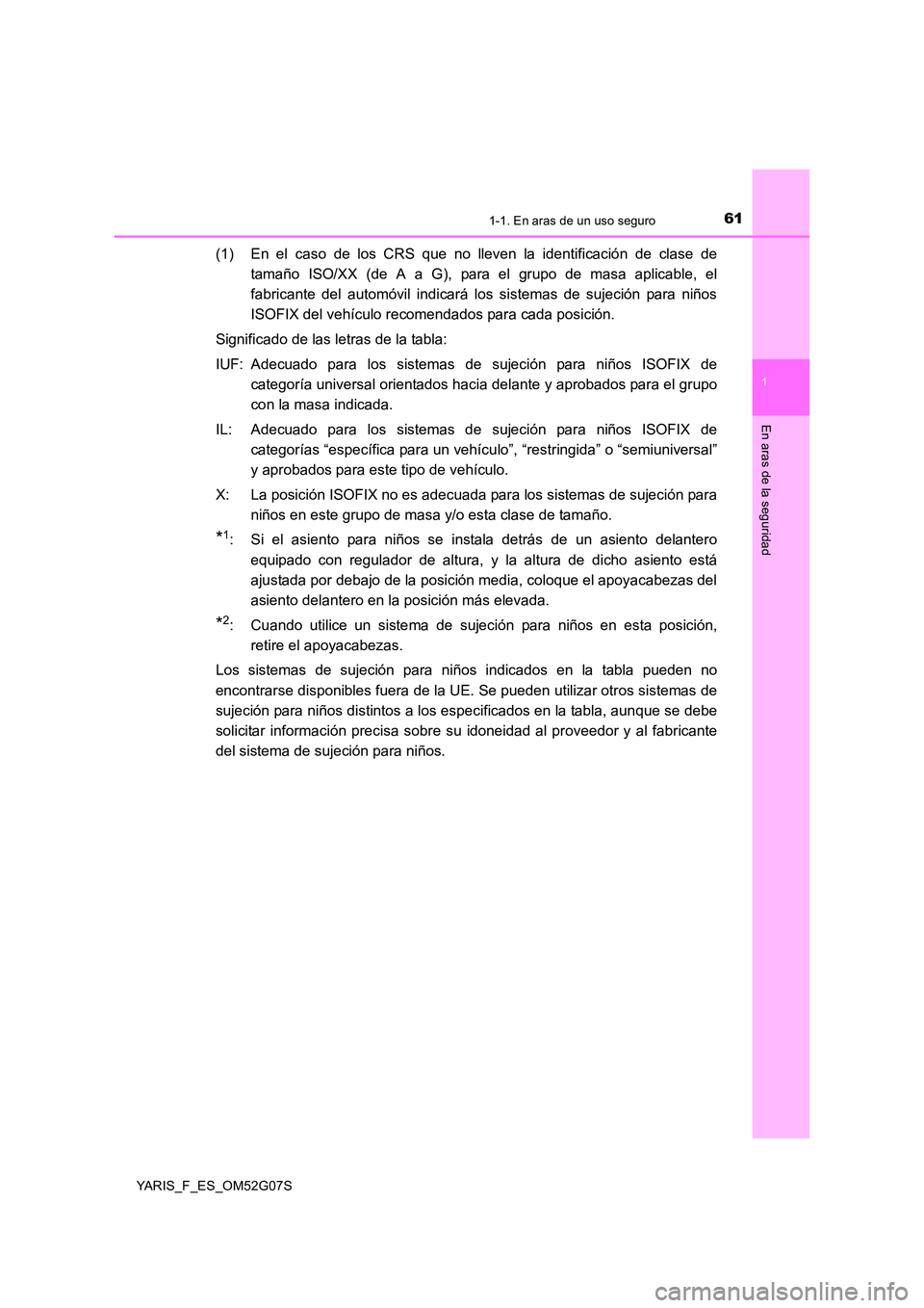 TOYOTA YARIS 2016 Manual del propietario (in Spanish) 611-1. En aras de un uso seguro
1
En aras de la seguridad
YARIS_F_ES_OM52G07S
(1) En el caso de los CRS que no lleven la identificación de clase de
tamaño ISO/XX (de A a G), para el grupo de masa a TOYOTA YARIS 2016 Manual del propietario (in Spanish) 611-1. En aras de un uso seguro
1
En aras de la seguridad
YARIS_F_ES_OM52G07S
(1) En el caso de los CRS que no lleven la identificación de clase de
tamaño ISO/XX (de A a G), para el grupo de masa a