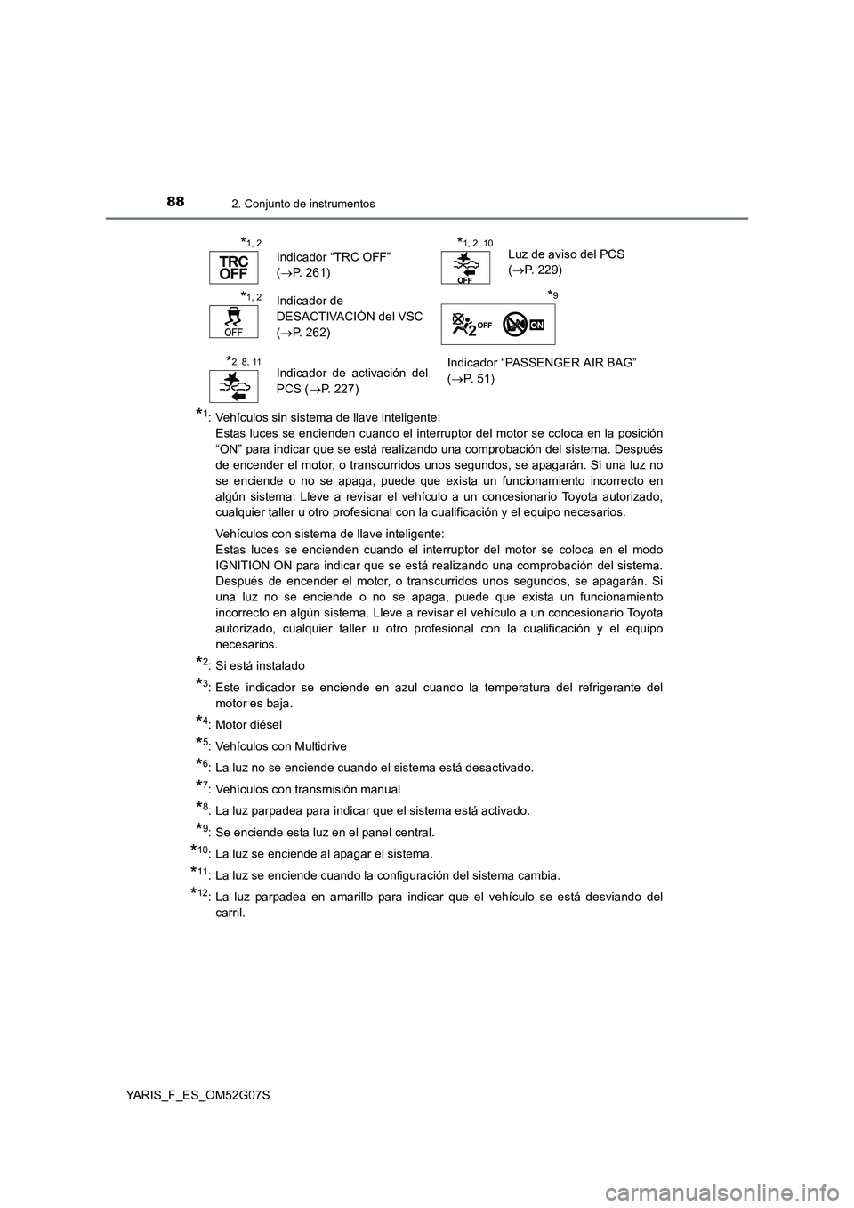 TOYOTA YARIS 2016 Manual del propietario (in Spanish) 882. Conjunto de instrumentos
YARIS_F_ES_OM52G07S
*1: Vehículos sin sistema de llave inteligente:
Estas luces se encienden cuando el interruptor del motor se coloca en la posición
“ON” para in TOYOTA YARIS 2016 Manual del propietario (in Spanish) 882. Conjunto de instrumentos
YARIS_F_ES_OM52G07S
*1: Vehículos sin sistema de llave inteligente:
Estas luces se encienden cuando el interruptor del motor se coloca en la posición
“ON” para in