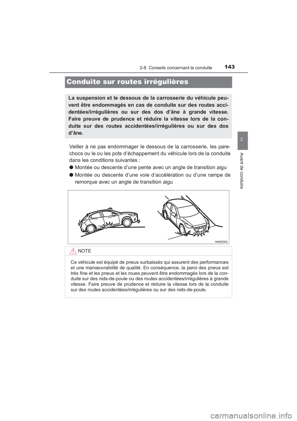 TOYOTA YARIS 2016  Manuel du propriétaire (in French) 143
YARIS_SEDAN_OM_OM99M19z_(D)
2-8. Conseils concernant la conduite
2
Avant de conduire
Conduite sur routes irrégulières
Veiller à ne pas endommager le dessous de la carrosserie, les pare-
chocs o