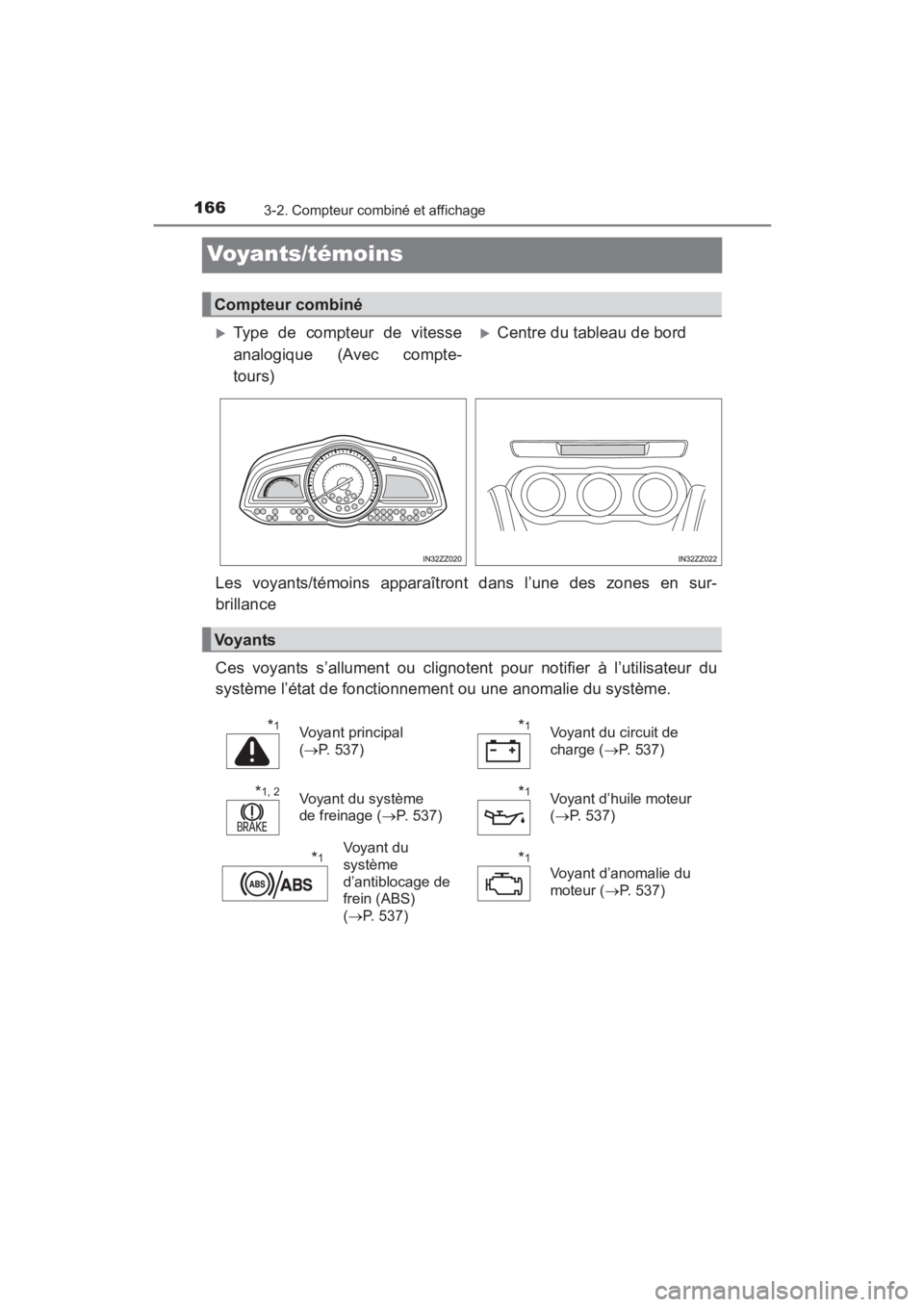 TOYOTA YARIS 2016 Manuel du propriétaire (in French) 166
YARIS_SEDAN_OM_OM99M19z_(D)
3-2. Compteur combiné et affichage
Voyants/témoins
Les voyants/témoins apparaîtront dans l’une des zones en sur-
brillance
Ces voyants s’allument ou clignotent TOYOTA YARIS 2016 Manuel du propriétaire (in French) 166
YARIS_SEDAN_OM_OM99M19z_(D)
3-2. Compteur combiné et affichage
Voyants/témoins
Les voyants/témoins apparaîtront dans l’une des zones en sur-
brillance
Ces voyants s’allument ou clignotent