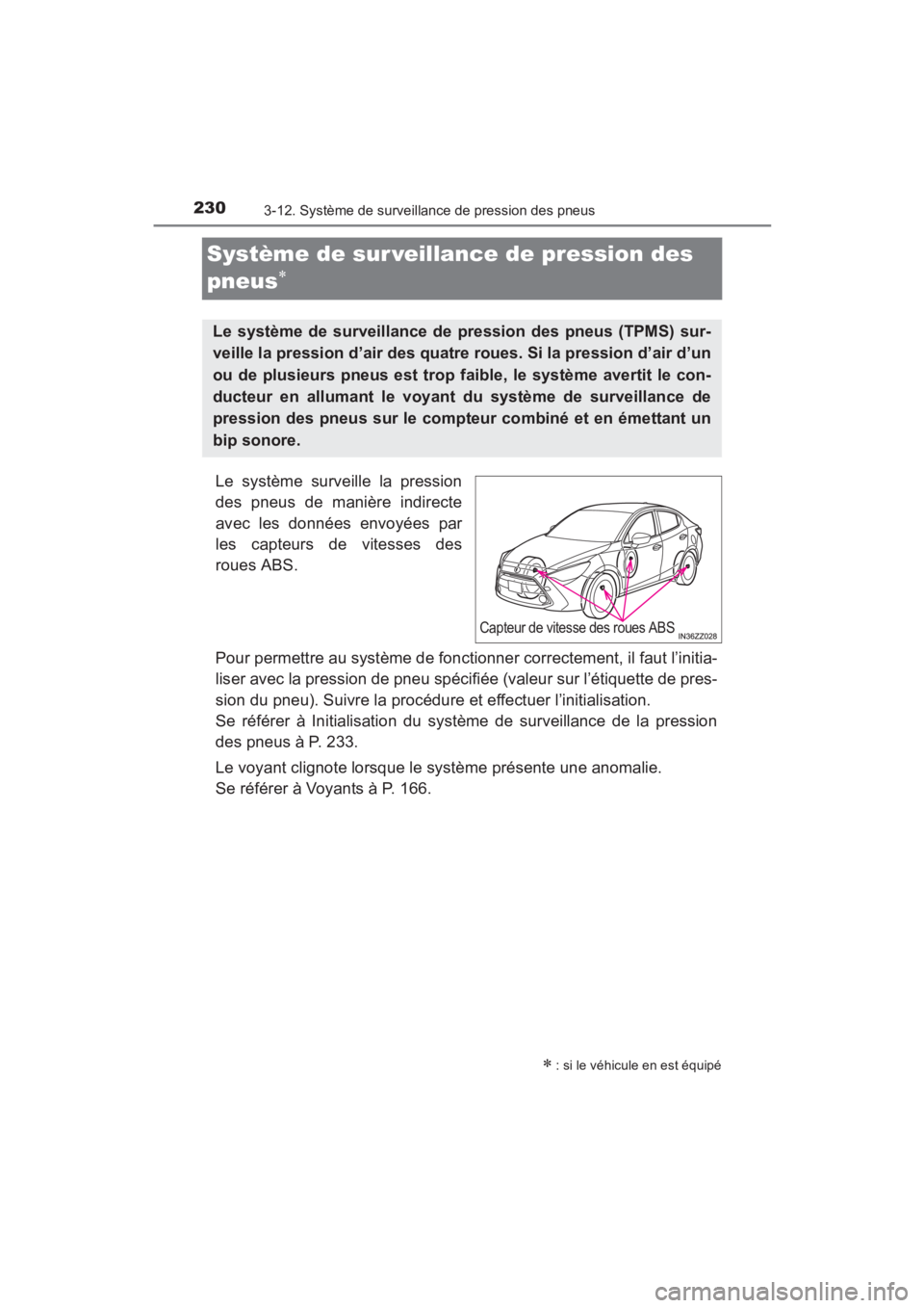 TOYOTA YARIS 2016 Manuel du propriétaire (in French) 230
YARIS_SEDAN_OM_OM99M19z_(D)
3-12. Système de surveillance de pression des pneus
Système de sur veillance de pression des
pneus
∗
Le système surveille la pression
des pneus de manière indire TOYOTA YARIS 2016 Manuel du propriétaire (in French) 230
YARIS_SEDAN_OM_OM99M19z_(D)
3-12. Système de surveillance de pression des pneus
Système de sur veillance de pression des
pneus
∗
Le système surveille la pression
des pneus de manière indire