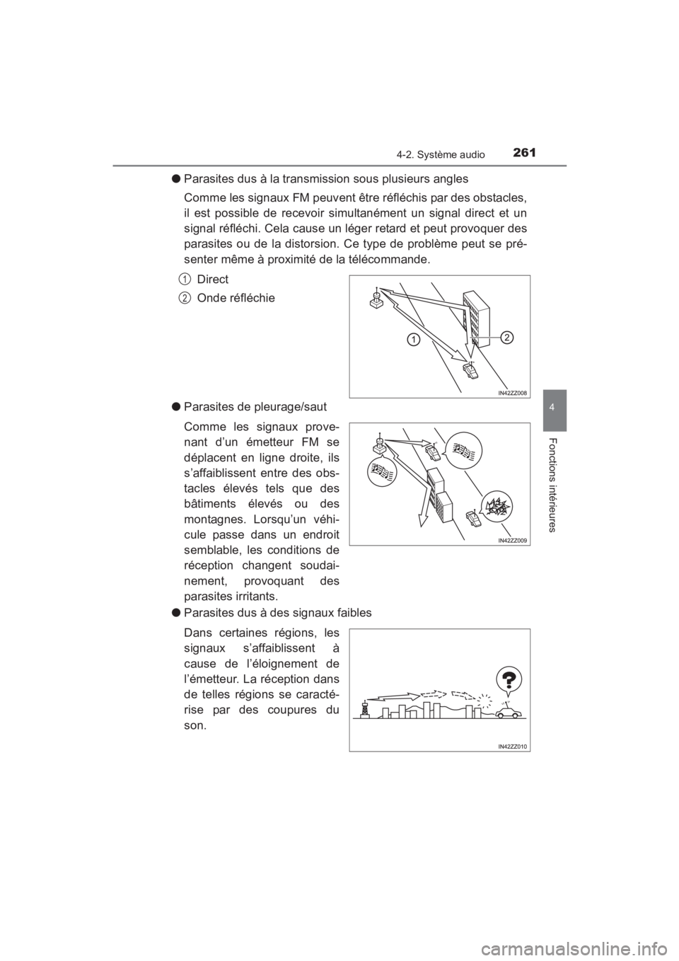 TOYOTA YARIS 2016 Manuel du propriétaire (in French) YARIS_SEDAN_OM_OM99M19z_(D)
2614-2. Système audio
4
Fonctions intérieures
●Parasites dus à la transmission sous plusieurs angles
Comme les signaux FM peuvent être réfléchis par des obstacles,
TOYOTA YARIS 2016 Manuel du propriétaire (in French) YARIS_SEDAN_OM_OM99M19z_(D)
2614-2. Système audio
4
Fonctions intérieures
●Parasites dus à la transmission sous plusieurs angles
Comme les signaux FM peuvent être réfléchis par des obstacles,
