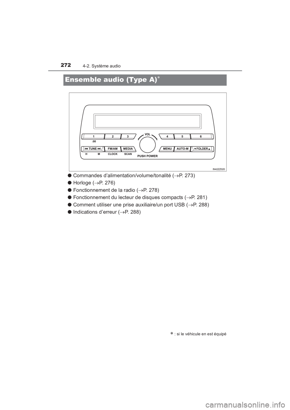 TOYOTA YARIS 2016 Manuel du propriétaire (in French) 272
YARIS_SEDAN_OM_OM99M19z_(D)
4-2. Système audio
Ensemble audio (Type A)∗
●Commandes d’alimentation/volume/tonalité ( →P. 273)
● Horloge ( →P. 276)
● Fonctionnement de la radio ( → TOYOTA YARIS 2016 Manuel du propriétaire (in French) 272
YARIS_SEDAN_OM_OM99M19z_(D)
4-2. Système audio
Ensemble audio (Type A)∗
●Commandes d’alimentation/volume/tonalité ( →P. 273)
● Horloge ( →P. 276)
● Fonctionnement de la radio ( →