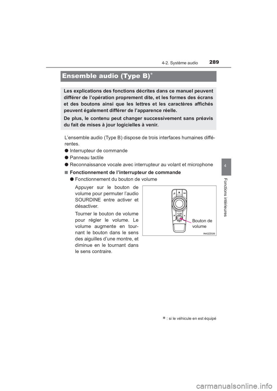 TOYOTA YARIS 2016 Manuel du propriétaire (in French) 289
YARIS_SEDAN_OM_OM99M19z_(D)
4-2. Système audio
4
Fonctions intérieures
Ensemble audio (Type B)∗
L’ensemble audio (Type B) dispose de trois interfaces humaines diffé-
rentes.
●Interrupteur TOYOTA YARIS 2016 Manuel du propriétaire (in French) 289
YARIS_SEDAN_OM_OM99M19z_(D)
4-2. Système audio
4
Fonctions intérieures
Ensemble audio (Type B)∗
L’ensemble audio (Type B) dispose de trois interfaces humaines diffé-
rentes.
●Interrupteur