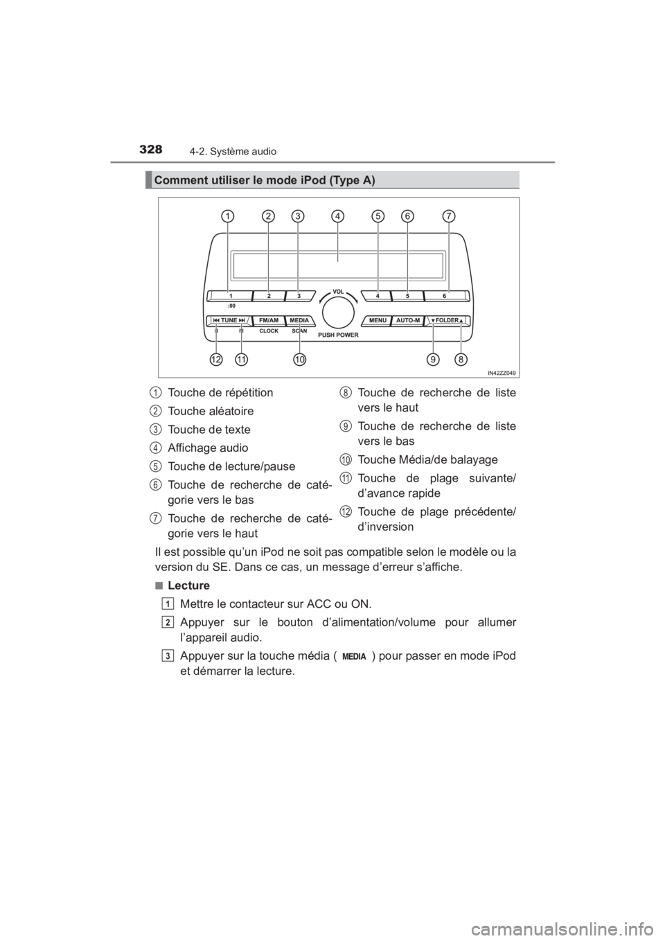 TOYOTA YARIS 2016  Manuel du propriétaire (in French) 328
YARIS_SEDAN_OM_OM99M19z_(D)
4-2. Système audio
Il est possible qu’un iPod ne soit pas compatible selon le modèle ou la
version du SE. Dans ce cas, un message d’erreur s’affiche.
■Lecture