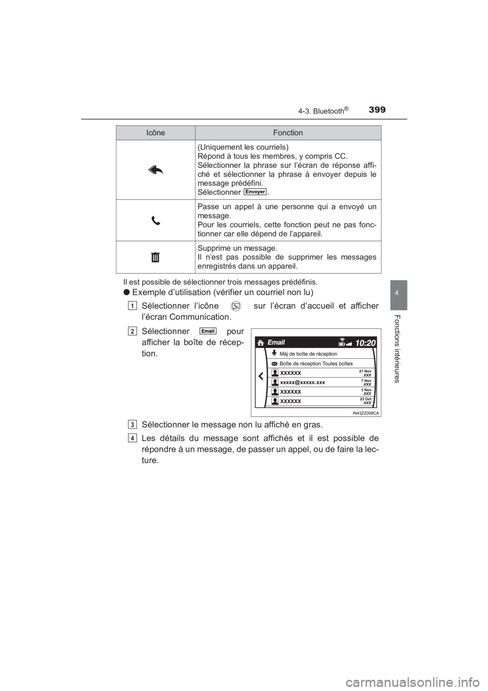 TOYOTA YARIS 2016 Manuel du propriétaire (in French) YARIS_SEDAN_OM_OM99M19z_(D)
3994-3. Bluetooth®
4
Fonctions intérieures
Il est possible de sélectionner trois messages prédéfinis.
●Exemple d’utilisation (vérifier un courriel non lu)
Sélect TOYOTA YARIS 2016 Manuel du propriétaire (in French) YARIS_SEDAN_OM_OM99M19z_(D)
3994-3. Bluetooth®
4
Fonctions intérieures
Il est possible de sélectionner trois messages prédéfinis.
●Exemple d’utilisation (vérifier un courriel non lu)
Sélect