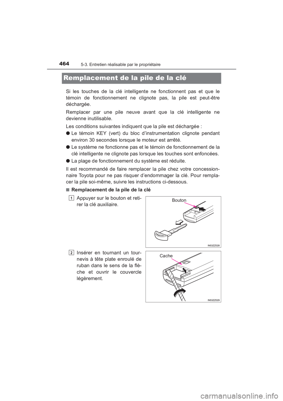 TOYOTA YARIS 2016  Manuel du propriétaire (in French) 464
YARIS_SEDAN_OM_OM99M19z_(D)
5-3. Entretien réalisable par le propriétaire
Remplacement de la pile de la clé
Si les touches de la clé intelligente ne fonctionnent pas et que le
témoin de fonct