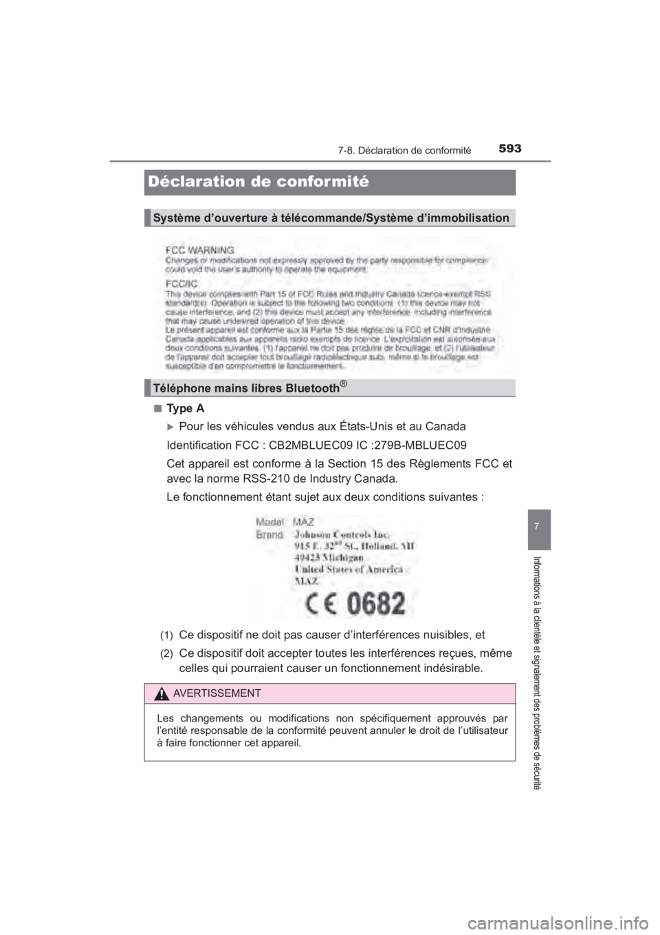 TOYOTA YARIS 2016  Manuel du propriétaire (in French) 593
YARIS_SEDAN_OM_OM99M19z_(D)
7-8. Déclaration de conformité
7
Informations à la clientèle et signalement des problèmes de sécurité
Déclaration de confor mité
■Ty p e  A
�XPour les véhic