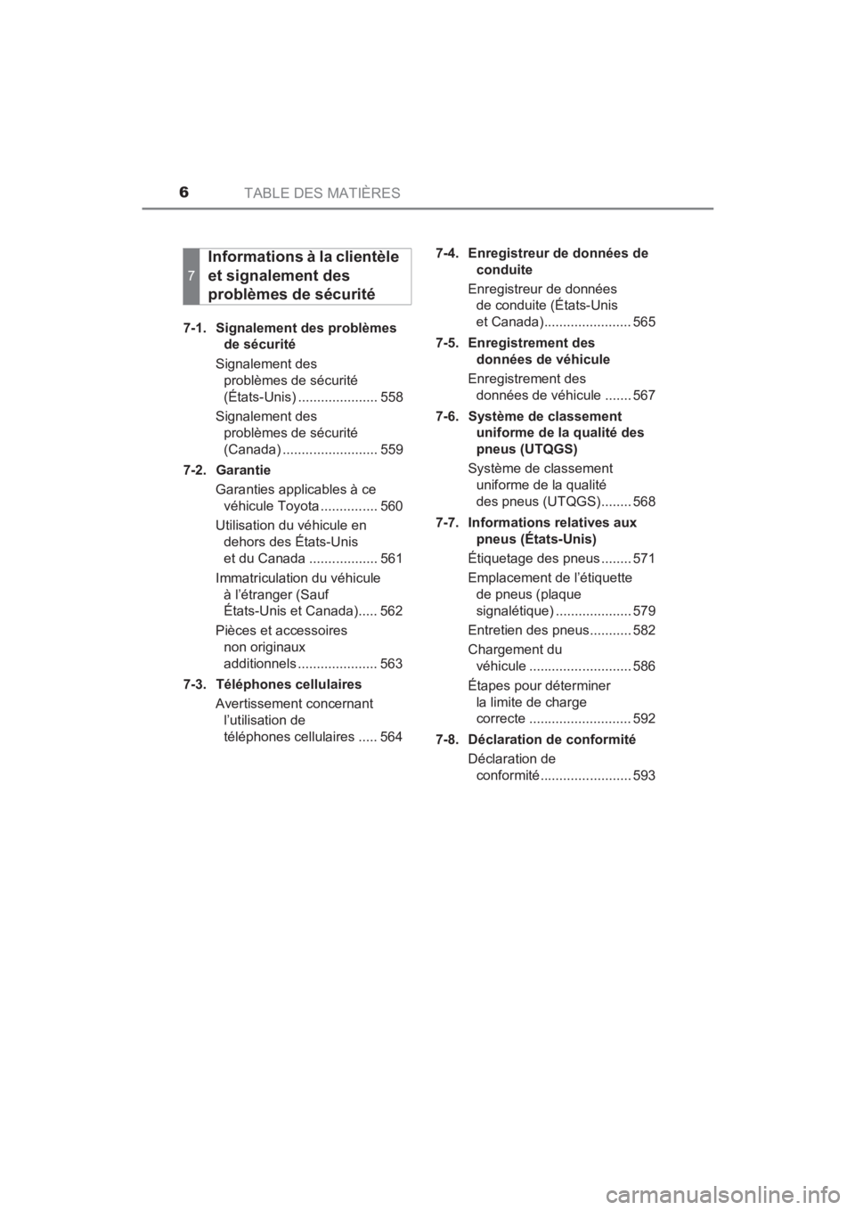 TOYOTA YARIS 2016  Manuel du propriétaire (in French) TABLE DES MATIÈRES6
YARIS_SEDAN_OM_OM99M19z_(D)7-1. Signalement des problèmes 
de sécurité
Signalement des  problèmes de sécurité 
(États-Unis) ..................... 558
Signalement des  probl