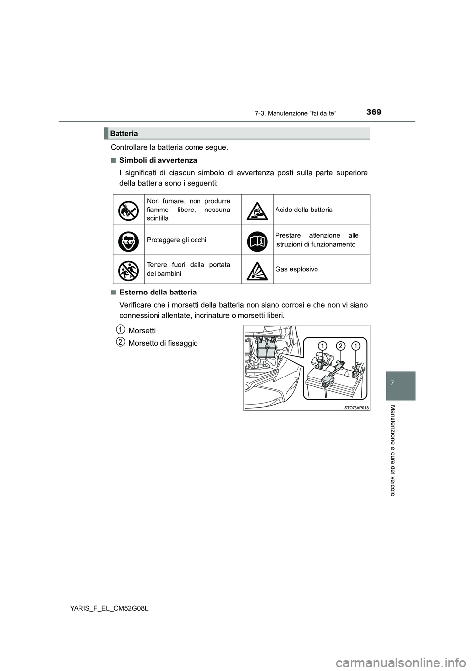 TOYOTA YARIS 2016 Manuale duso (in Italian) 3697-3. Manutenzione “fai da te”
7
Manutenzione e cura del veicolo
YARIS_F_EL_OM52G08L
Controllare la batteria come segue.
■Simboli di avvertenza
I significati di ciascun simbolo di avvertenza TOYOTA YARIS 2016 Manuale duso (in Italian) 3697-3. Manutenzione “fai da te”
7
Manutenzione e cura del veicolo
YARIS_F_EL_OM52G08L
Controllare la batteria come segue.
■Simboli di avvertenza
I significati di ciascun simbolo di avvertenza