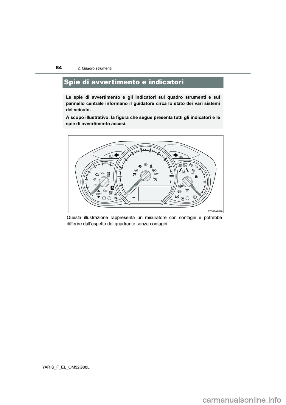 TOYOTA YARIS 2016 Manuale duso (in Italian) 842. Quadro strumenti
YARIS_F_EL_OM52G08L
Spie di avvertimento e indicatori
Questa illustrazione rappresenta un misuratore con contagiri e potrebbe
differire dall’aspetto del quadrante senza contag TOYOTA YARIS 2016 Manuale duso (in Italian) 842. Quadro strumenti
YARIS_F_EL_OM52G08L
Spie di avvertimento e indicatori
Questa illustrazione rappresenta un misuratore con contagiri e potrebbe
differire dall’aspetto del quadrante senza contag