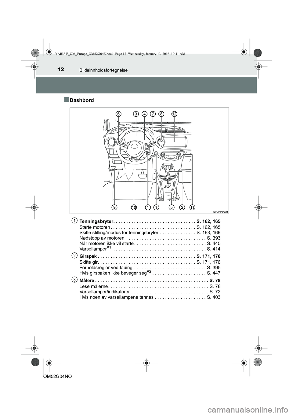 TOYOTA YARIS 2016 Instruksjoner for bruk (in Norwegian) 12Bildeinnholdsfortegnelse
OM52G04NO
nDashbord
Tenningsbryter. . . . . . . . . . . . . . . . . . . . . . . . . . . . . . . . S. 162, 165
Starte motoren . . . . . . . . . . . . . . . . . . . . . . . . TOYOTA YARIS 2016 Instruksjoner for bruk (in Norwegian) 12Bildeinnholdsfortegnelse
OM52G04NO
nDashbord
Tenningsbryter. . . . . . . . . . . . . . . . . . . . . . . . . . . . . . . . S. 162, 165
Starte motoren . . . . . . . . . . . . . . . . . . . . . . . .