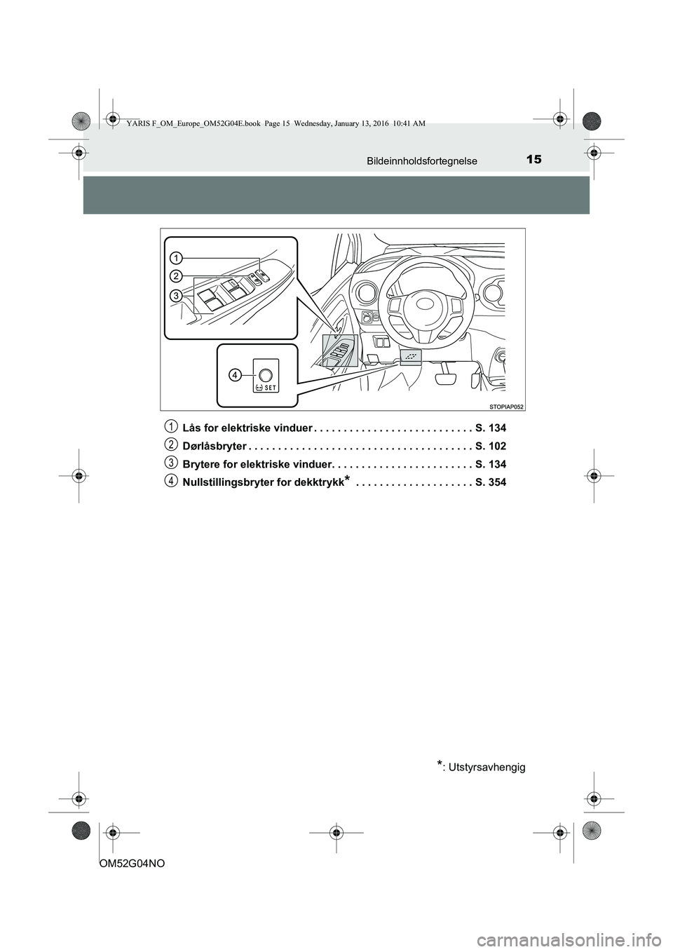 TOYOTA YARIS 2016 Instruksjoner for bruk (in Norwegian) 15Bildeinnholdsfortegnelse
OM52G04NOLås for elektriske vinduer . . . . . . . . . . . . . . . . . . . . . . . . . . . S. 134
Dørlåsbryter . . . . . . . . . . . . . . . . . . . . . . . . . . . . . . TOYOTA YARIS 2016 Instruksjoner for bruk (in Norwegian) 15Bildeinnholdsfortegnelse
OM52G04NOLås for elektriske vinduer . . . . . . . . . . . . . . . . . . . . . . . . . . . S. 134
Dørlåsbryter . . . . . . . . . . . . . . . . . . . . . . . . . . . . . .