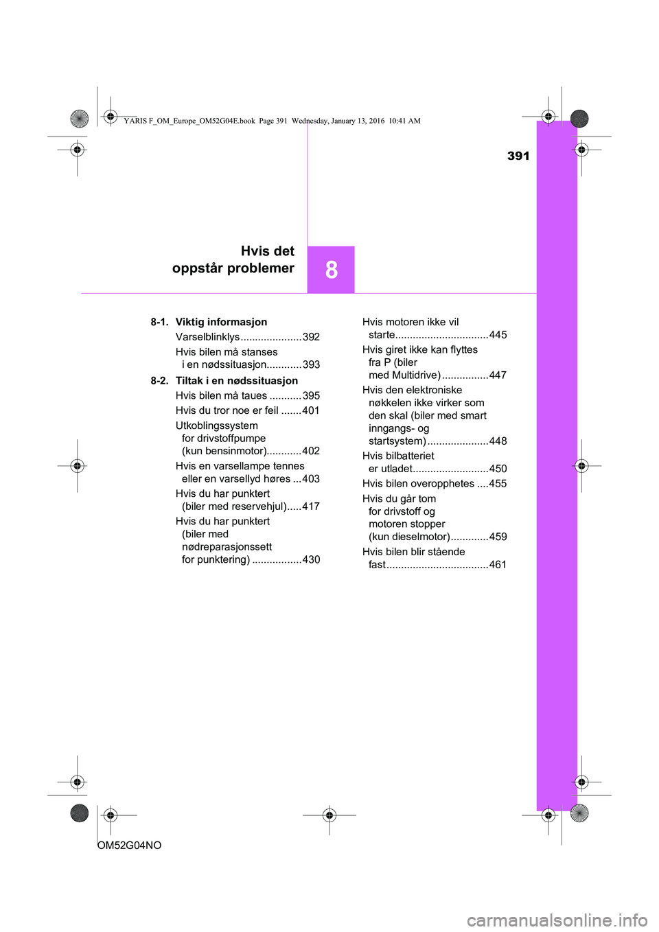 TOYOTA YARIS 2016 Instruksjoner for bruk (in Norwegian) 391
8
Hvis det
oppstår problemer
OM52G04NO 8-1. Viktig informasjon
Varselblinklys..................... 392
Hvis bilen må stanses i en nødssituasjon............ 393
8-2. Tiltak i en nødssituasjon TOYOTA YARIS 2016 Instruksjoner for bruk (in Norwegian) 391
8
Hvis det
oppstår problemer
OM52G04NO 8-1. Viktig informasjon
Varselblinklys..................... 392
Hvis bilen må stanses i en nødssituasjon............ 393
8-2. Tiltak i en nødssituasjon