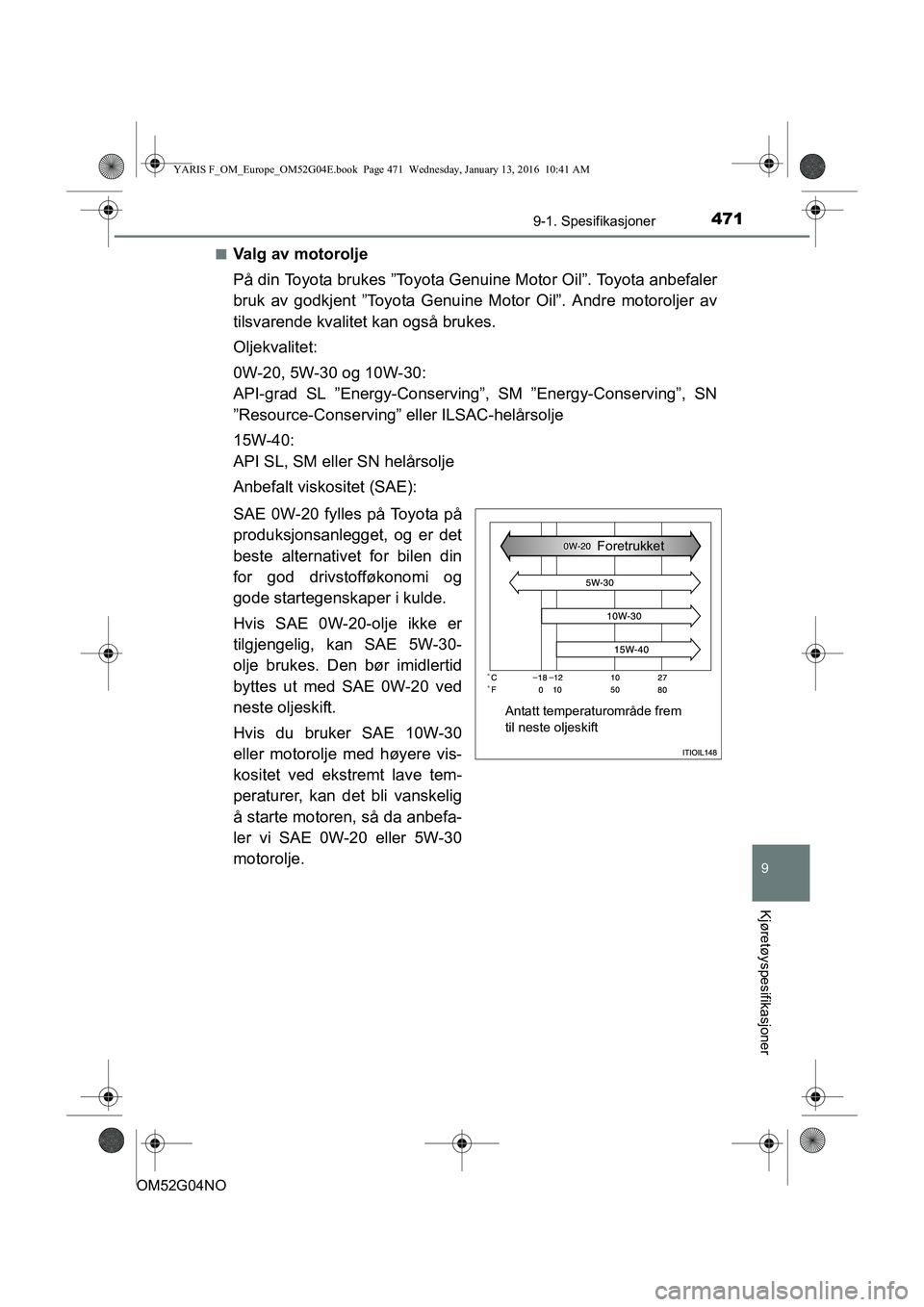 TOYOTA YARIS 2016 Instruksjoner for bruk (in Norwegian) 4719-1. Spesifikasjoner
9
Kjøretøyspesifikasjoner
OM52G04NOn
Valg av motorolje
På din Toyota brukes ”Toyota Genuine Motor Oil”. Toyota anbefaler
bruk av godkjent ”Toyota Genui
ne Motor Oil” TOYOTA YARIS 2016 Instruksjoner for bruk (in Norwegian) 4719-1. Spesifikasjoner
9
Kjøretøyspesifikasjoner
OM52G04NOn
Valg av motorolje
På din Toyota brukes ”Toyota Genuine Motor Oil”. Toyota anbefaler
bruk av godkjent ”Toyota Genui
ne Motor Oil”