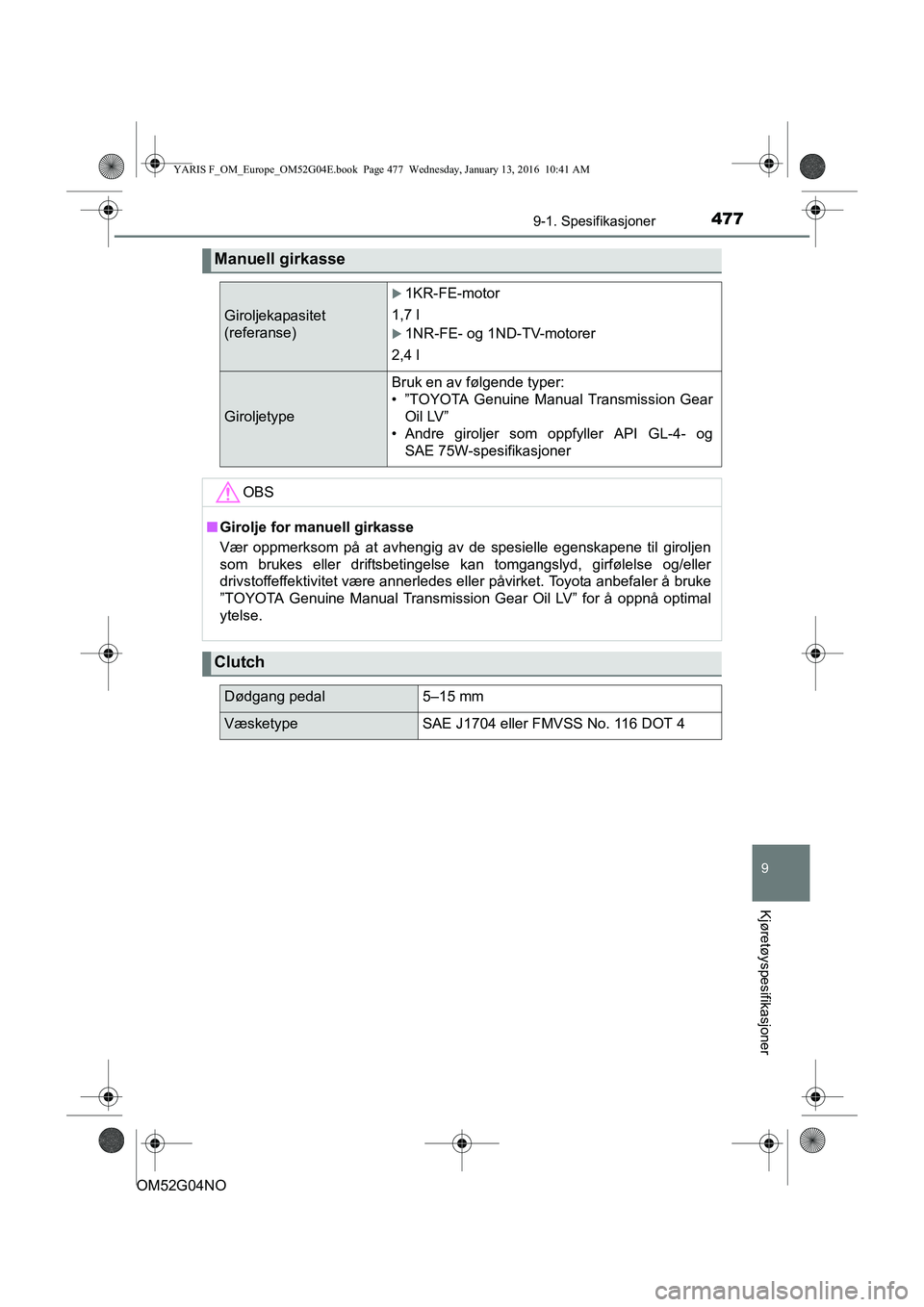 TOYOTA YARIS 2016 Instruksjoner for bruk (in Norwegian) 4779-1. Spesifikasjoner
9
Kjøretøyspesifikasjoner
OM52G04NO
Manuell girkasse
Giroljekapasitet
(referanse)
1KR-FE-motor
1,7 l
1NR-FE- og 1ND-TV-motorer
2,4 l
Giroljetype
Bruk en av følgende t TOYOTA YARIS 2016 Instruksjoner for bruk (in Norwegian) 4779-1. Spesifikasjoner
9
Kjøretøyspesifikasjoner
OM52G04NO
Manuell girkasse
Giroljekapasitet
(referanse)
1KR-FE-motor
1,7 l
1NR-FE- og 1ND-TV-motorer
2,4 l
Giroljetype
Bruk en av følgende t