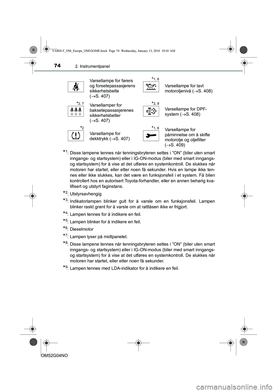 TOYOTA YARIS 2016  Instruksjoner for bruk (in Norwegian) 742. Instrumentpanel
OM52G04NO
*1: Disse lampene tennes når tenningsbryteren settes i ”ON” (biler uten smartinngangs- og startsystem) eller i IG-ON-modus (biler med smart inngangs-
og startsystem